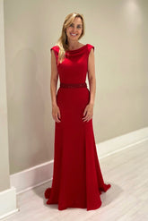 Beautiful Red A-Line Mother of Bride Crew Sleeveless Long Satin Bridesmaid Dress With Sash